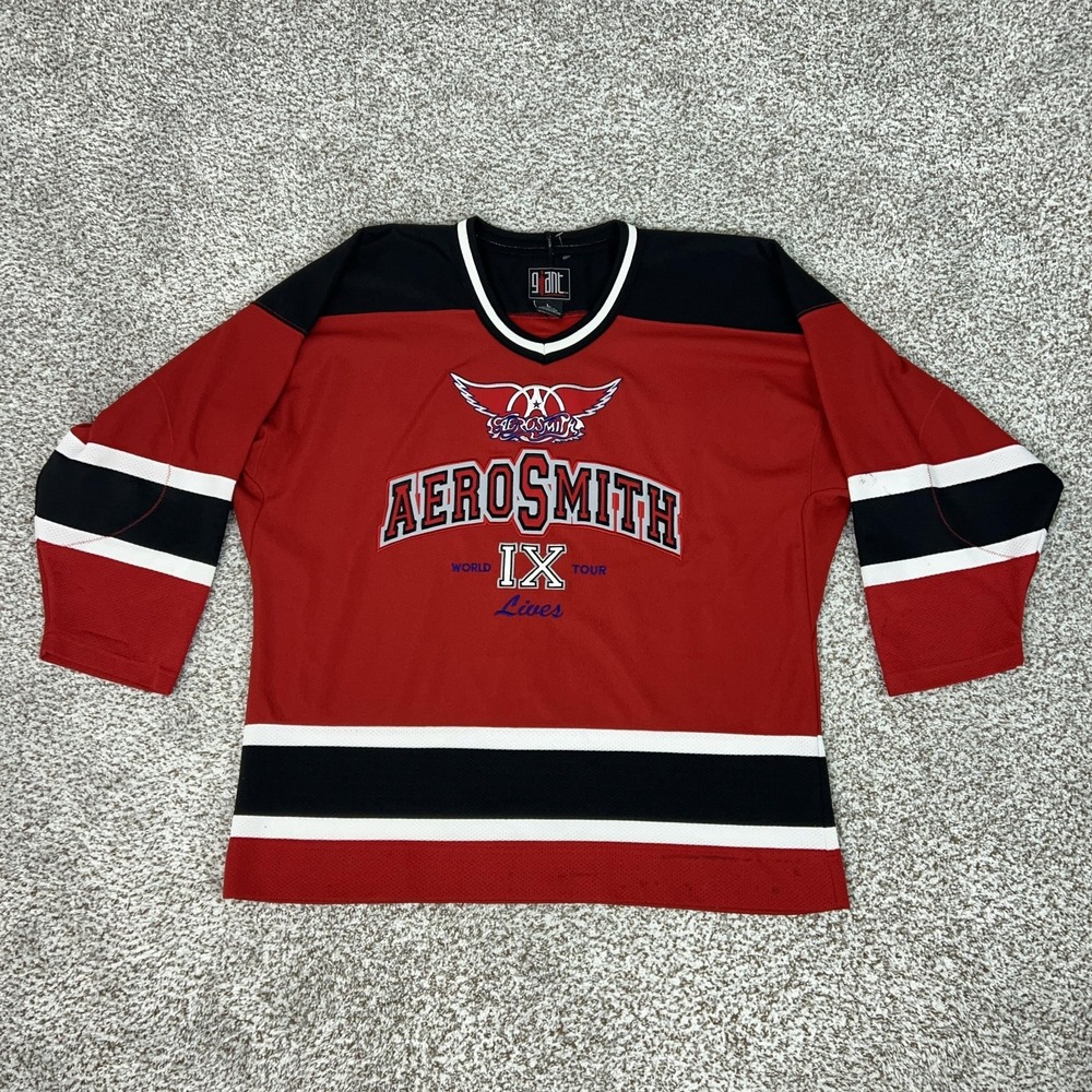 Vintage Aerosmith Jersey Mens Large Red Nine Lives World Tour Hockey Shirt Giant